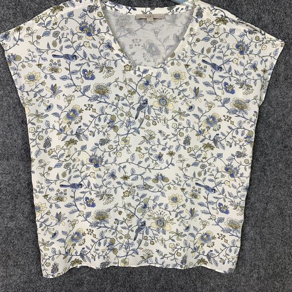 Loft Petite Cap Sleeve Top Bird & Floral Print Women LP Silky Rayon - Picture 1 of 9
